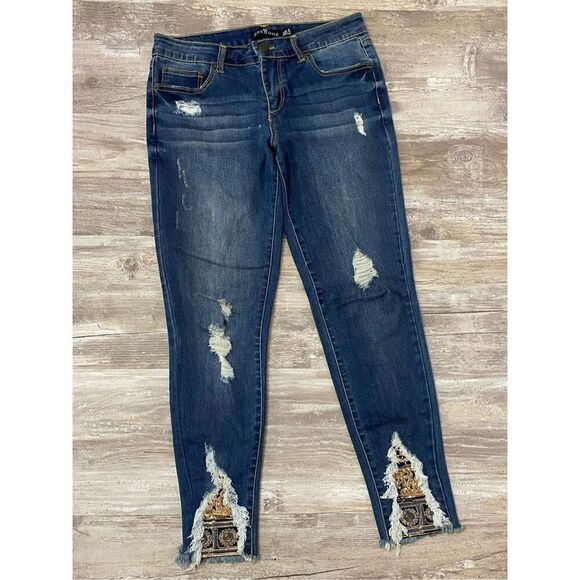 One 5 One Skinny Ankle Crop Jeans Distressed Gold Sequin Accents Women’s Sz 6 - Picture 1 of 7